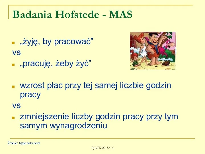 PJATK 2015/16 Badania Hofstede - MAS „żyję, by pracować” vs „pracuję,