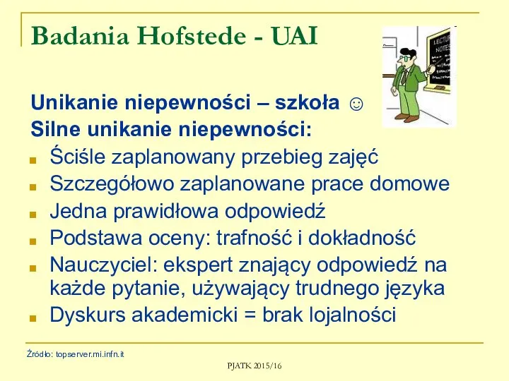 PJATK 2015/16 Badania Hofstede - UAI Unikanie niepewności – szkoła ☺