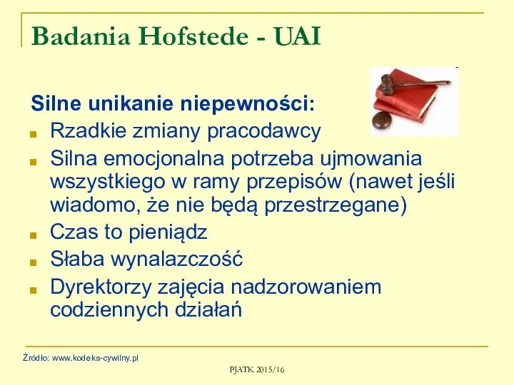 PJATK 2015/16 Badania Hofstede - UAI Silne unikanie niepewności: Rzadkie zmiany