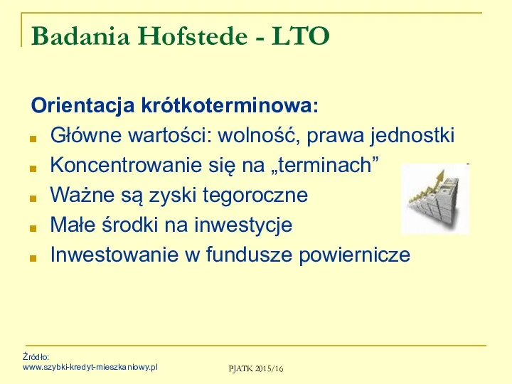 PJATK 2015/16 Badania Hofstede - LTO Orientacja krótkoterminowa: Główne wartości: wolność,