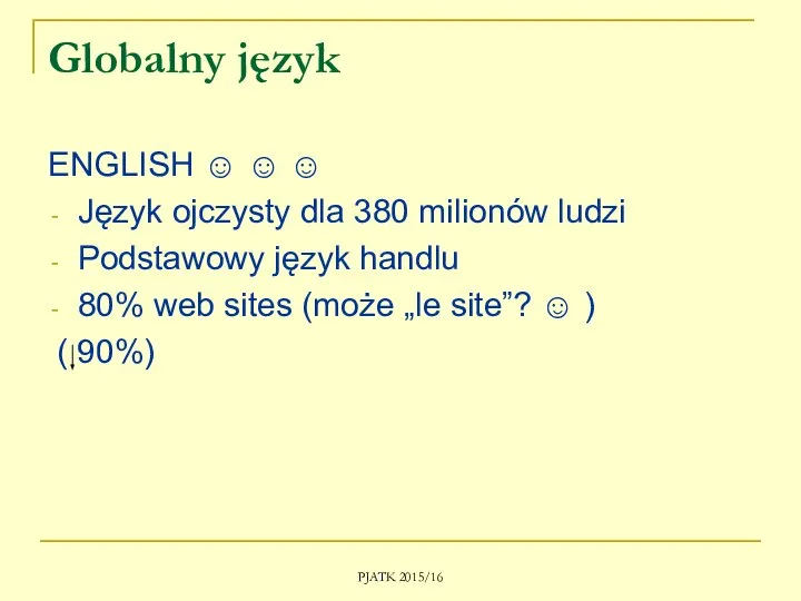 PJATK 2015/16 Globalny język ENGLISH ☺ ☺ ☺ Język ojczysty dla