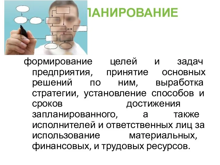 ПЛАНИРОВАНИЕ формирование целей и задач предприятия, принятие основных решений по ним,