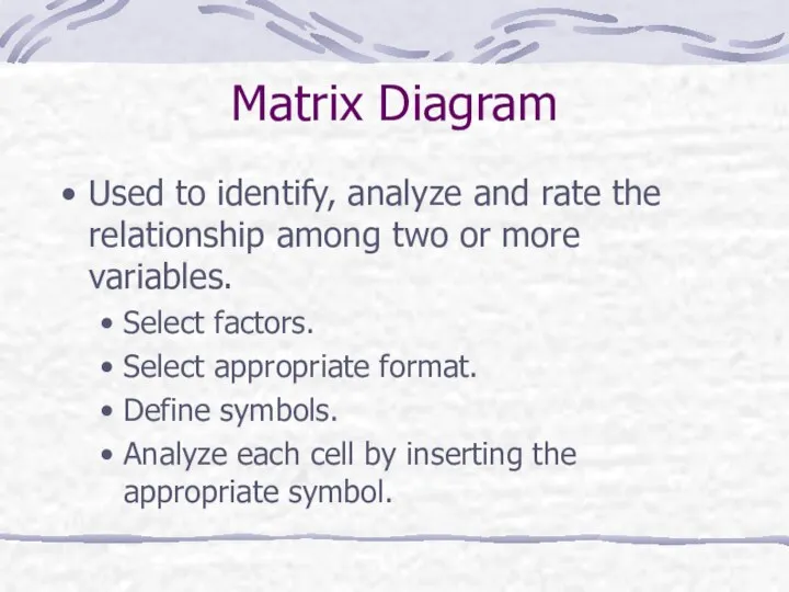 Matrix Diagram Used to identify, analyze and rate the relationship among