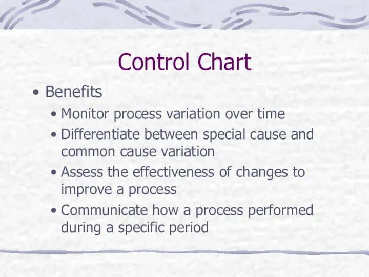 Control Chart Benefits Monitor process variation over time Differentiate between special