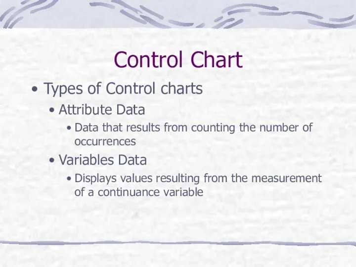 Control Chart Types of Control charts Attribute Data Data that results