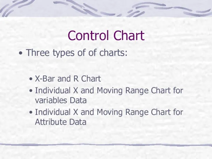 Control Chart Three types of of charts: X-Bar and R Chart