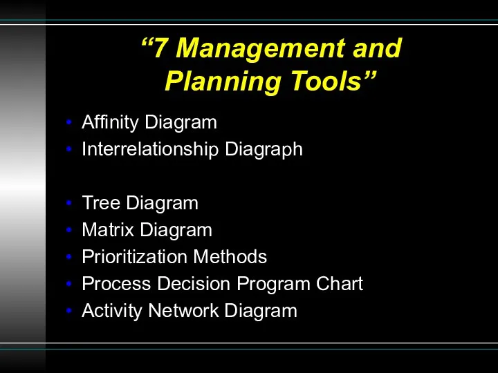 “7 Management and Planning Tools” Affinity Diagram Interrelationship Diagraph Tree Diagram