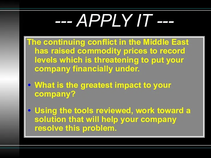 --- APPLY IT --- The continuing conflict in the Middle East