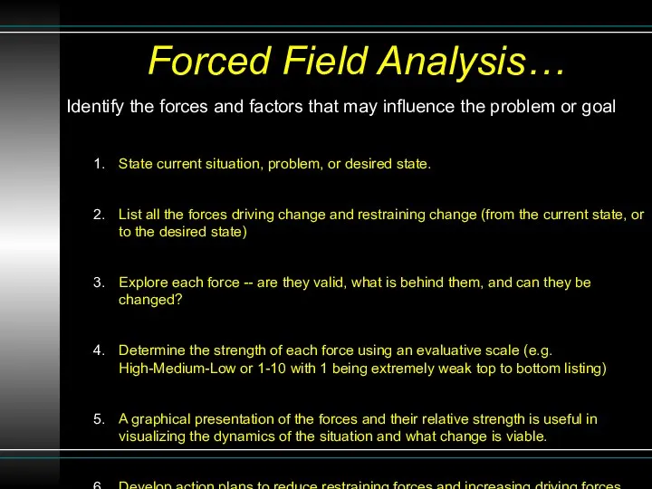 Forced Field Analysis… Identify the forces and factors that may influence