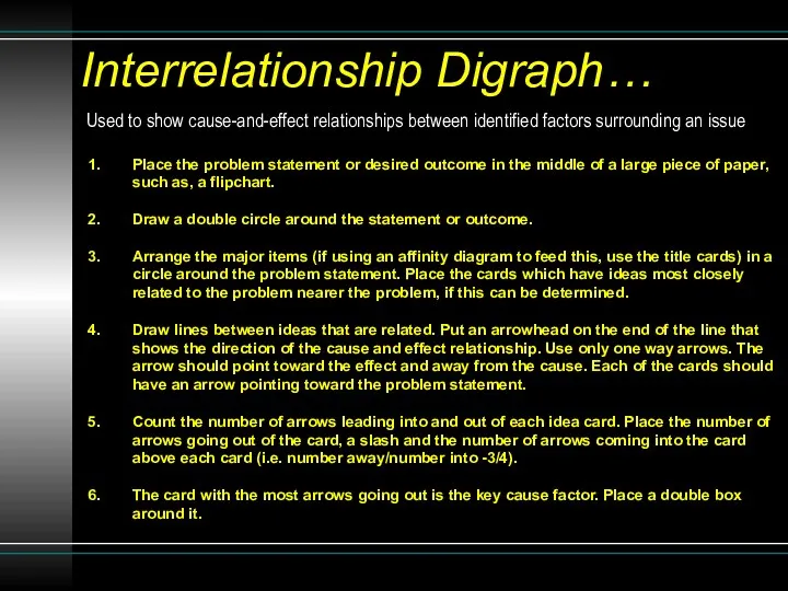 Interrelationship Digraph… Used to show cause-and-effect relationships between identified factors surrounding