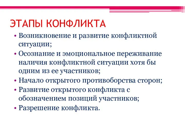 ЭТАПЫ КОНФЛИКТА Возникновение и развитие конфликтной ситуации; Осознание и эмоциональное переживание