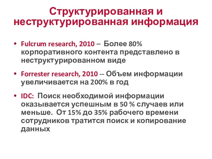 Fulcrum research, 2010 – Более 80% корпоративного контента представлено в неструктурированном