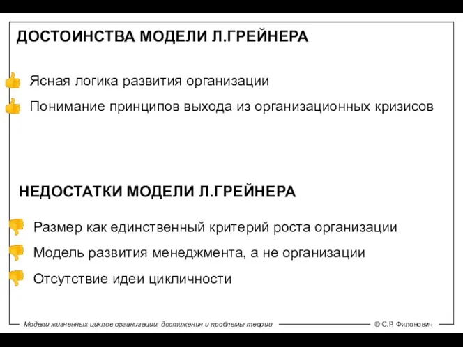 ДОСТОИНСТВА МОДЕЛИ Л.ГРЕЙНЕРА НЕДОСТАТКИ МОДЕЛИ Л.ГРЕЙНЕРА Ясная логика развития организации Понимание