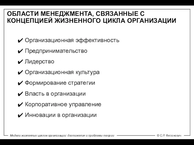 ОБЛАСТИ МЕНЕДЖМЕНТА, СВЯЗАННЫЕ С КОНЦЕПЦИЕЙ ЖИЗНЕННОГО ЦИКЛА ОРГАНИЗАЦИИ Организационная эффективность Предпринимательство