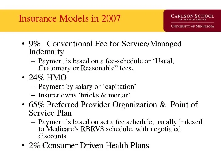 Insurance Models in 2007 9% Conventional Fee for Service/Managed Indemnity Payment