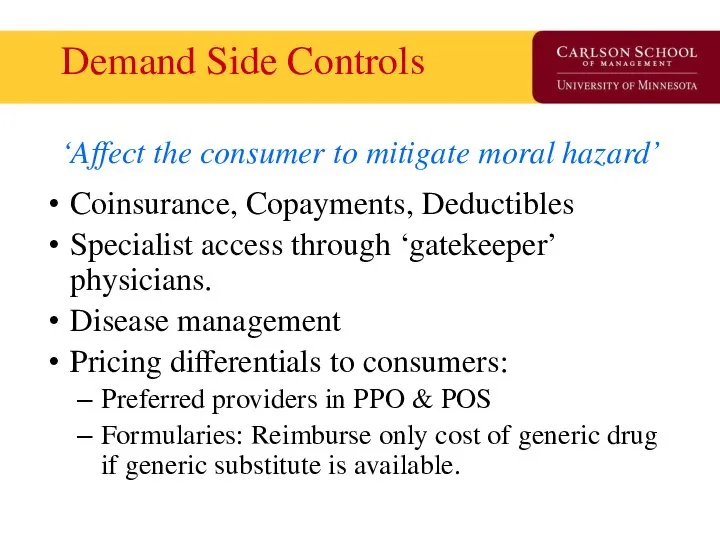 Demand Side Controls ‘Affect the consumer to mitigate moral hazard’ Coinsurance,