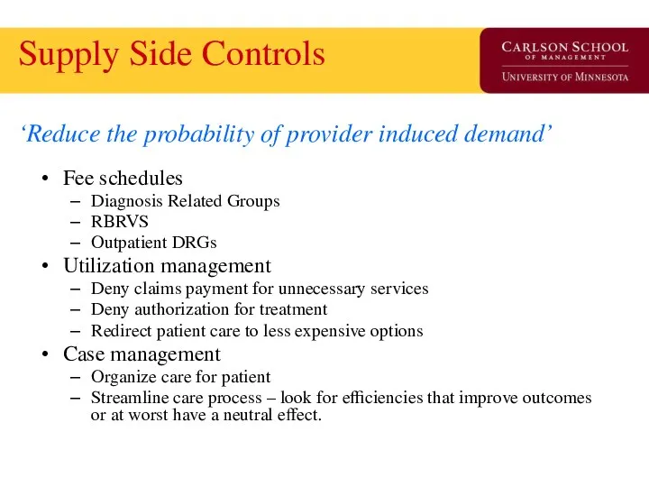 Supply Side Controls ‘Reduce the probability of provider induced demand’ Fee