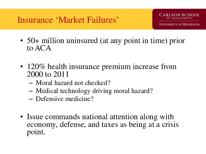 Insurance ‘Market Failures’ 50+ million uninsured (at any point in time)