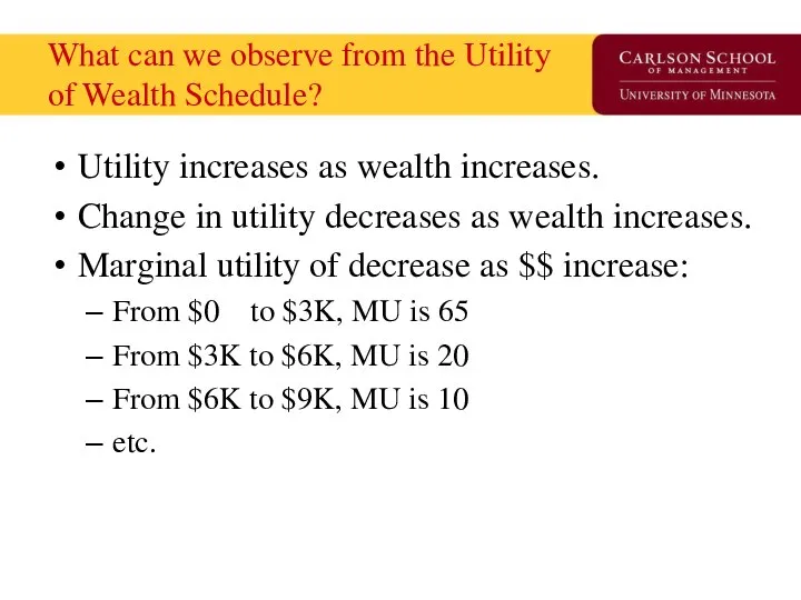 What can we observe from the Utility of Wealth Schedule? Utility