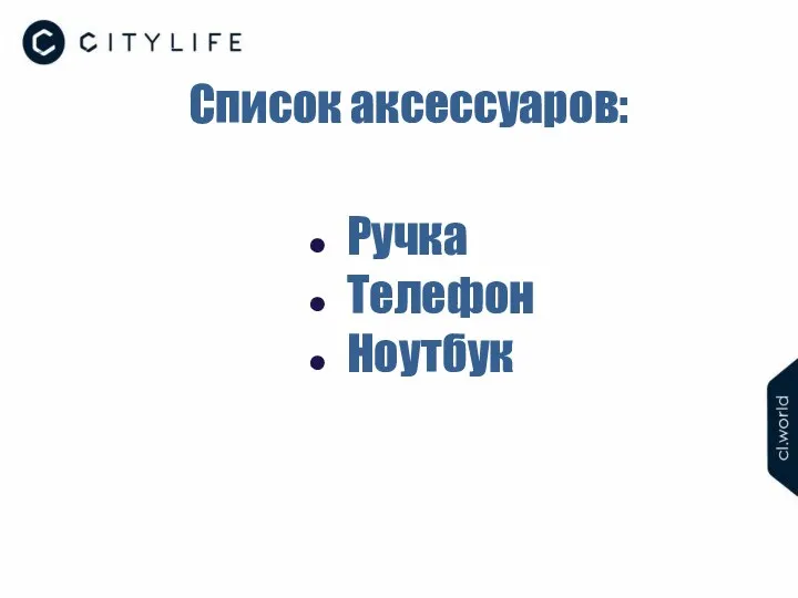 Список аксессуаров: Ручка Телефон Ноутбук