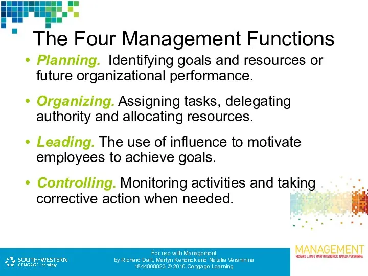 The Four Management Functions Planning. Identifying goals and resources or future