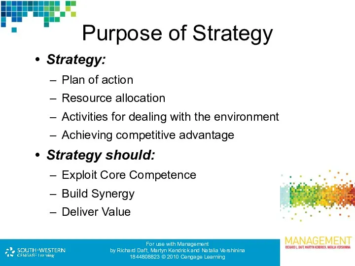 Purpose of Strategy Strategy: Plan of action Resource allocation Activities for
