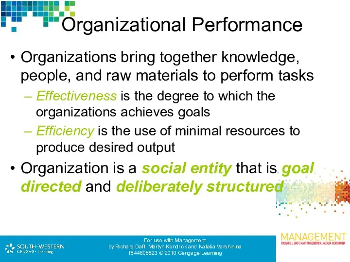 Organizational Performance Organizations bring together knowledge, people, and raw materials to