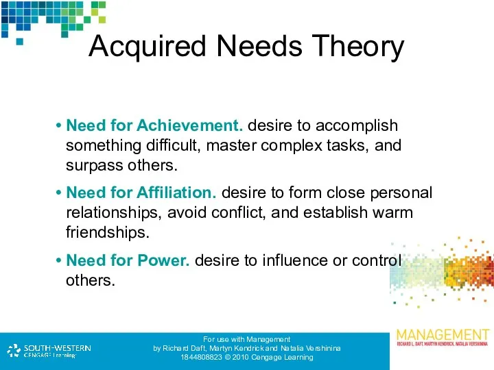 Acquired Needs Theory Need for Achievement. desire to accomplish something difficult,