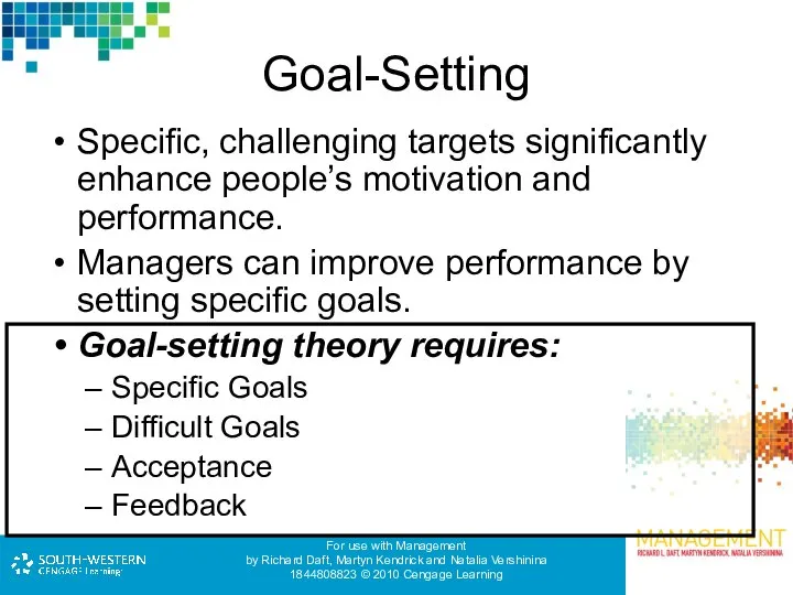 Goal-Setting Specific, challenging targets significantly enhance people’s motivation and performance. Managers