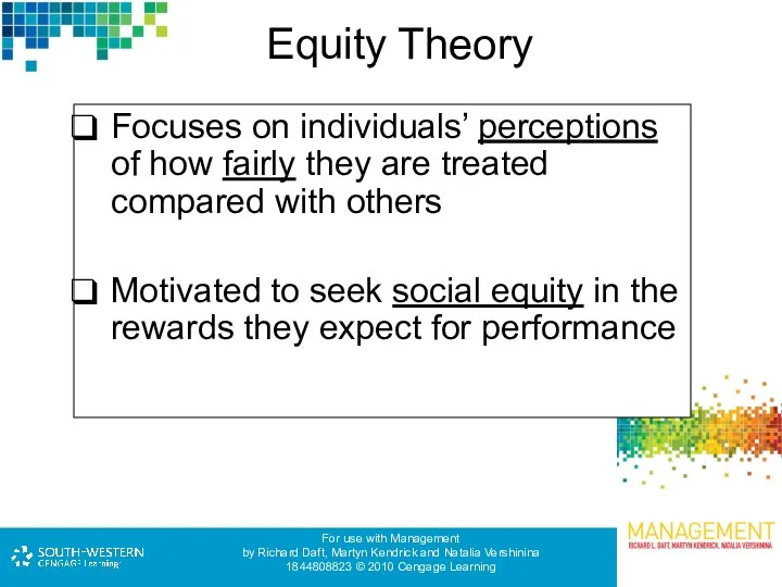 Equity Theory Focuses on individuals’ perceptions of how fairly they are