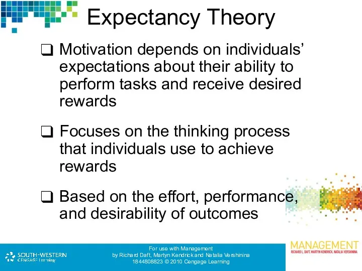 Expectancy Theory Motivation depends on individuals’ expectations about their ability to