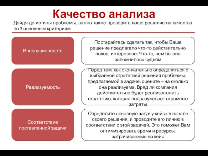 Качество анализа Дойдя до истины проблемы, важно также проверить ваше решение