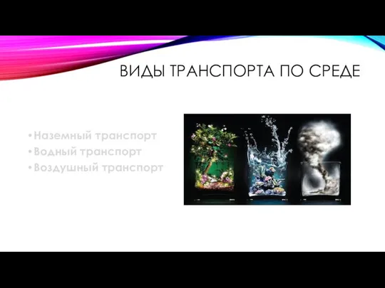 ВИДЫ ТРАНСПОРТА ПО СРЕДЕ Наземный транспорт Водный транспорт Воздушный транспорт