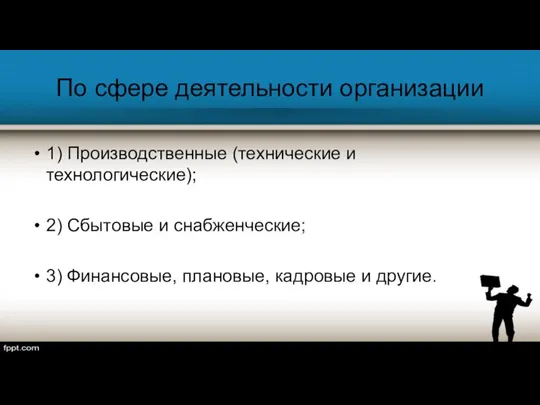 По сфере деятельности организации 1) Производственные (технические и технологические); 2) Сбытовые