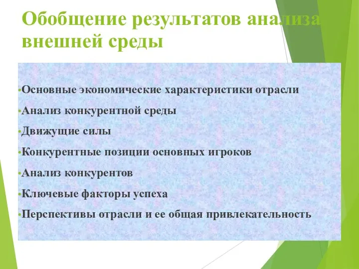 Обобщение результатов анализа внешней среды Основные экономические характеристики отрасли Анализ конкурентной