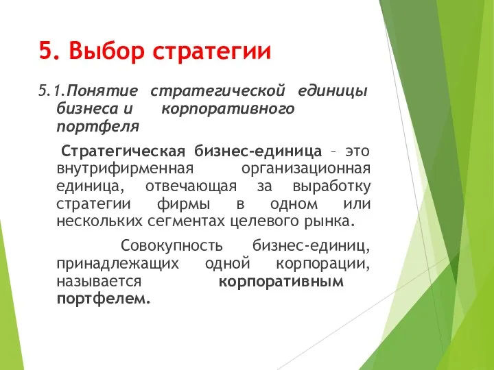 5. Выбор стратегии 5.1.Понятие стратегической единицы бизнеса и корпоративного портфеля Стратегическая