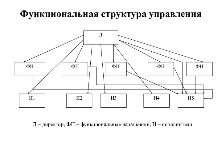 Функциональная структура управления Д – директор, ФН – функциональные начальники, И – исполнители