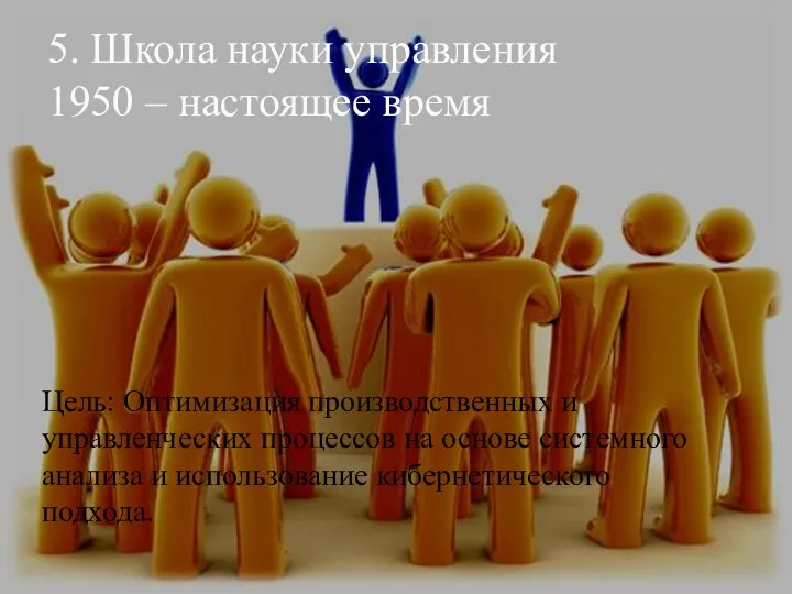 5. Школа науки управления 1950 – настоящее время Цель: Оптимизация производственных