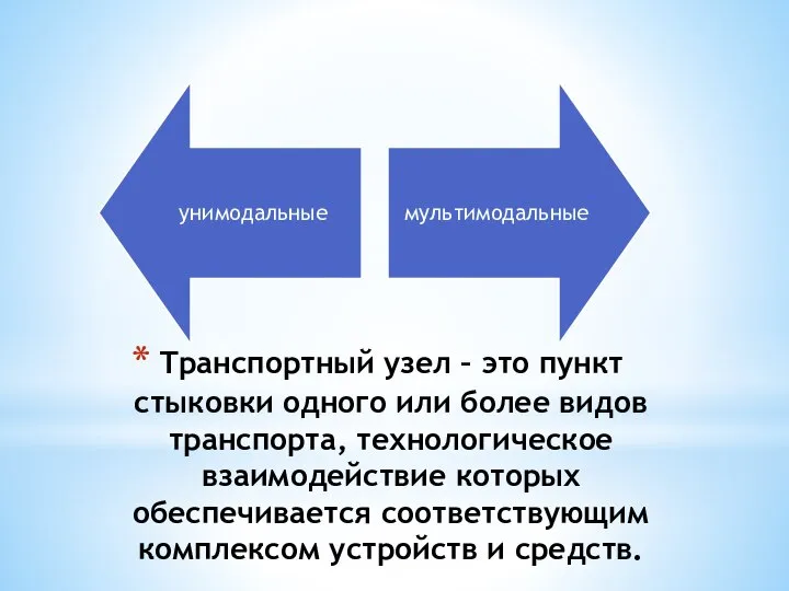 Транспортный узел – это пункт стыковки одного или более видов транспорта,