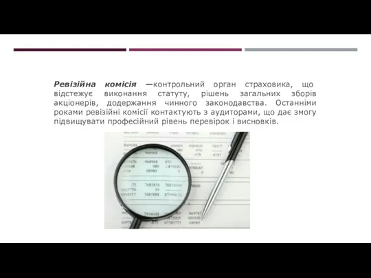 Ревізійна комісія —контрольний орган страховика, що відстежує виконання статуту, рішень загальних