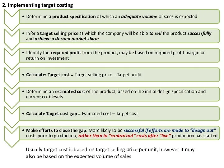 2. Implementing target costing Usually target cost is based on target