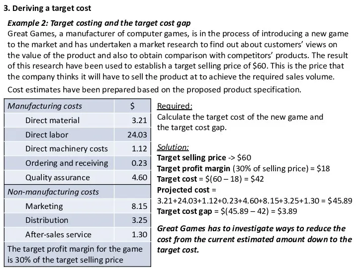 3. Deriving a target cost Example 2: Target costing and the