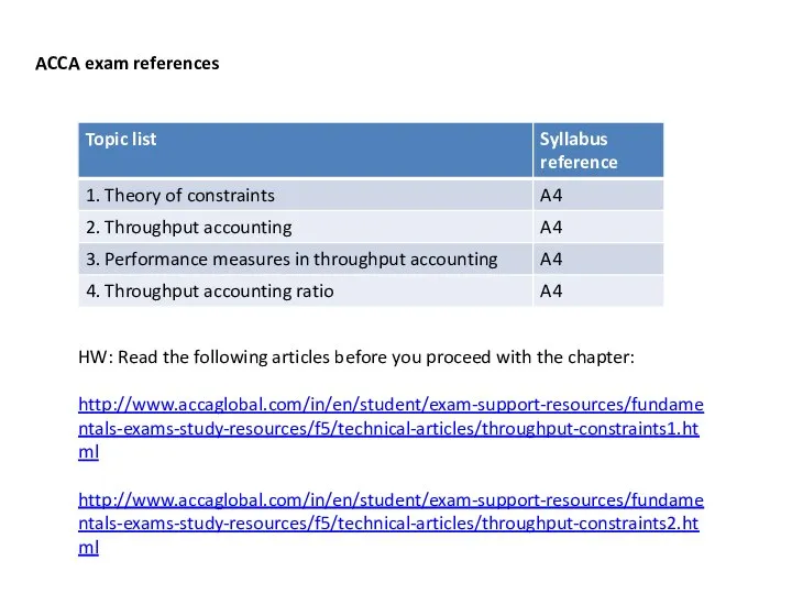 ACCA exam references HW: Read the following articles before you proceed with the chapter: http://www.accaglobal.com/in/en/student/exam-support-resources/fundamentals-exams-study-resources/f5/technical-articles/throughput-constraints1.html http://www.accaglobal.com/in/en/student/exam-support-resources/fundamentals-exams-study-resources/f5/technical-articles/throughput-constraints2.html