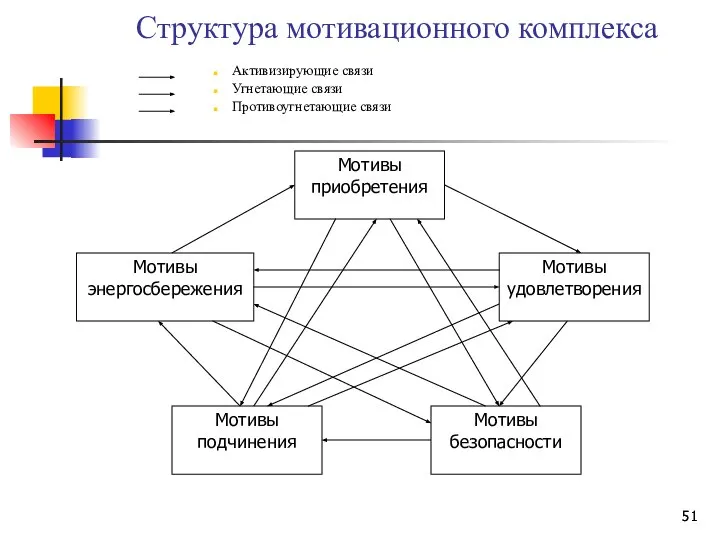Структура мотивационного комплекса Активизирующие связи Угнетающие связи Противоугнетающие связи