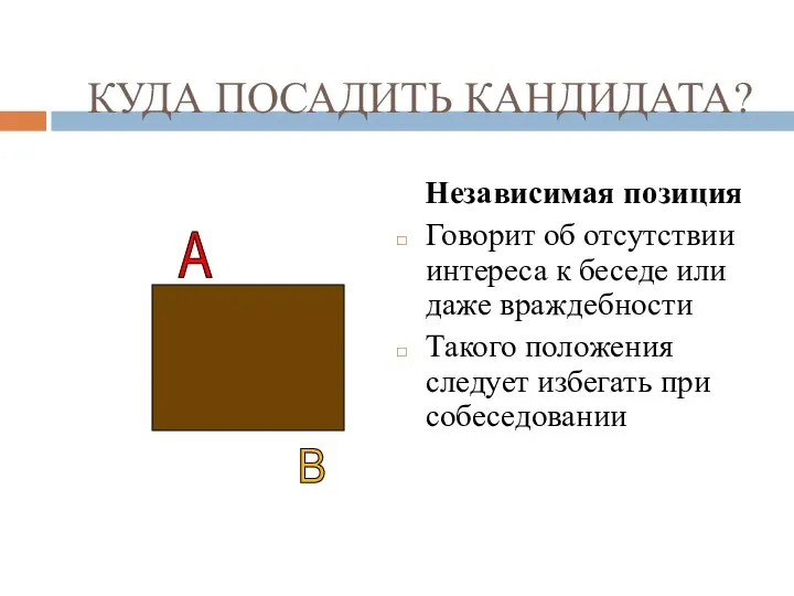 КУДА ПОСАДИТЬ КАНДИДАТА? Независимая позиция Говорит об отсутствии интереса к беседе