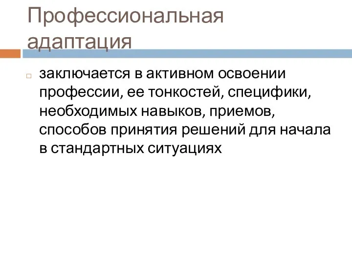 Профессиональная адаптация заключается в активном освоении профессии, ее тонкостей, специфики, необходимых