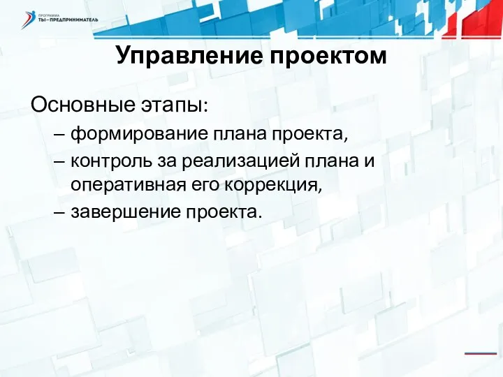 Управление проектом Основные этапы: формирование плана проекта, контроль за реализацией плана