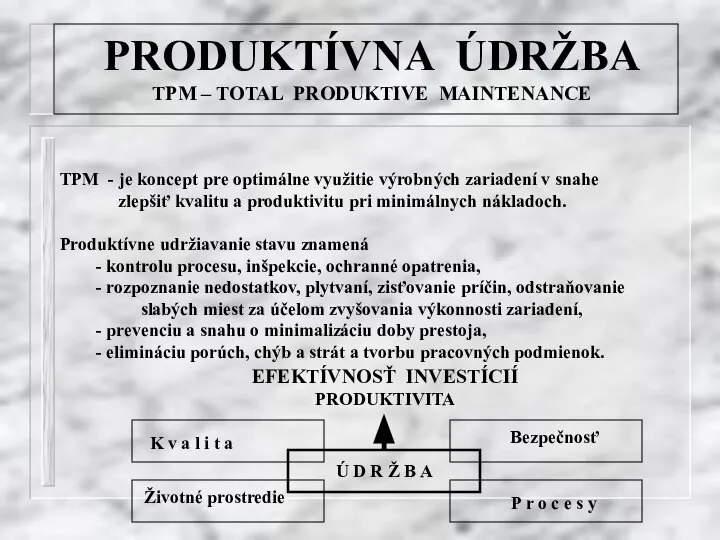 PRODUKTÍVNA ÚDRŽBA TPM – TOTAL PRODUKTIVE MAINTENANCE TPM - je koncept