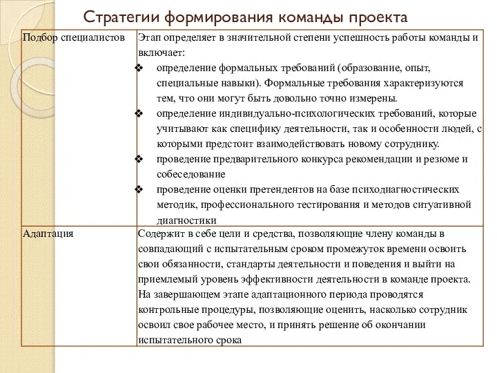 Стратегии формирования команды проекта