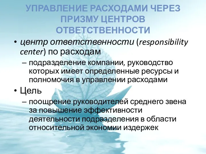 УПРАВЛЕНИЕ РАСХОДАМИ ЧЕРЕЗ ПРИЗМУ ЦЕНТРОВ ОТВЕТСТВЕННОСТИ центр ответственности (responsibility center) по